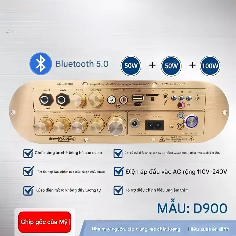 Mạch D900 2.1 Karaoke Bluetooth — 50W×2 + Sub 100W, Chip Class-D Chống Hú