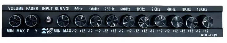 Mặt trước ADL-EQ9: Volume, Fader, chọn ngõ vào, Sub Vol và 9 núm EQ từ 50Hz đến 16KHz