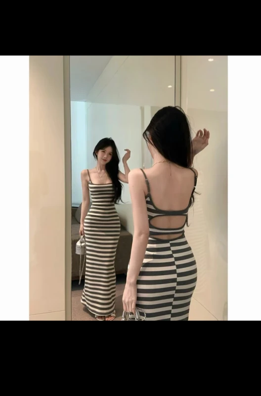 Váy body siêu tôn dáng kẻ sọc thiết kế hai dây hở lưng sexy sang chảnh/thời trang nữ cho mùa hè