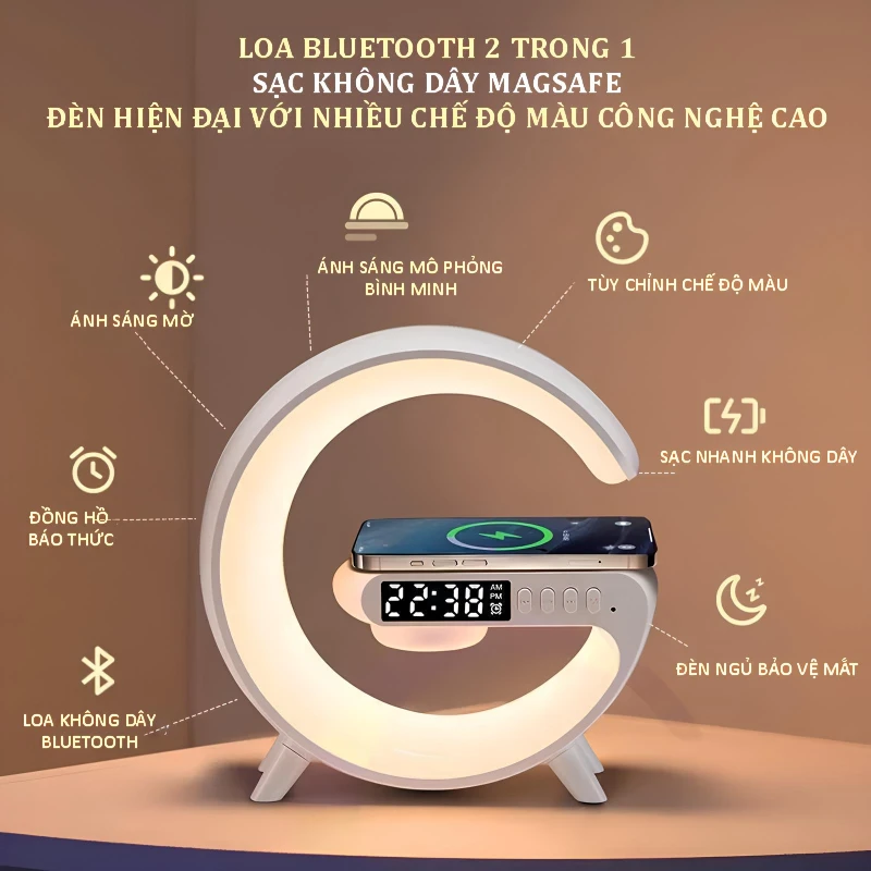Loa bluetooth âm thanh nổi tích hợp đèn LED 10 chế độ kèm sạc magsafe không dây cao cấp tính năng báo thức xem giờ thích hợp trang trí