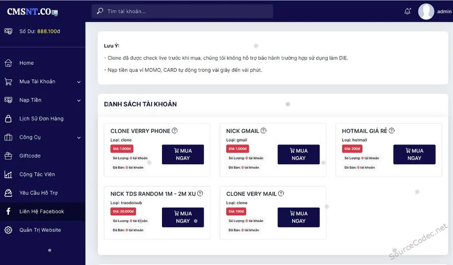 Source code website bán via, clone facebook và tài nguyên ads tích hợp nạp tiền tự động, bảng quản trị đầy đủ chức năng php